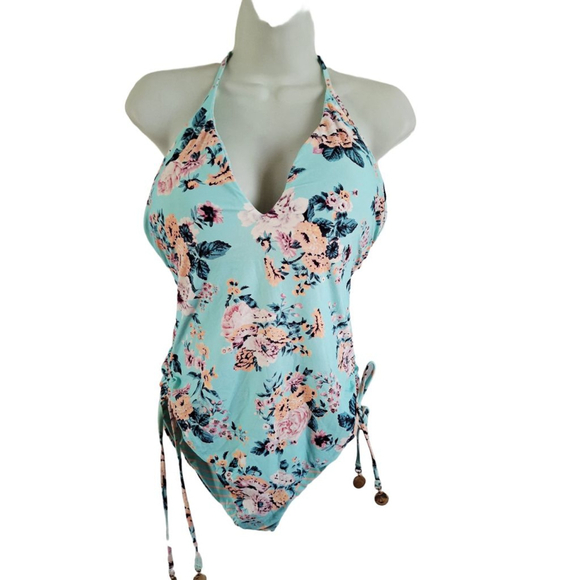 Seafolly Blue Floral Reversible Halter One Piece Swimsuit sz Large - Picture 3 of 6